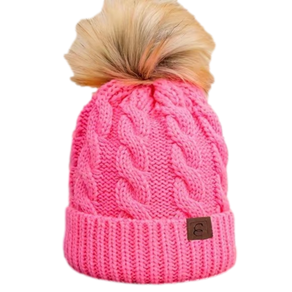 Pink Chunky Cable Knit Beanie with Faux Fur Pom  NWT